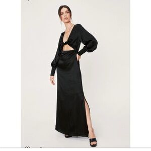 NWT, Nasty Gal Twist Front Cut-Out Satin Long Sleeve Maxi Dress, Black US 6